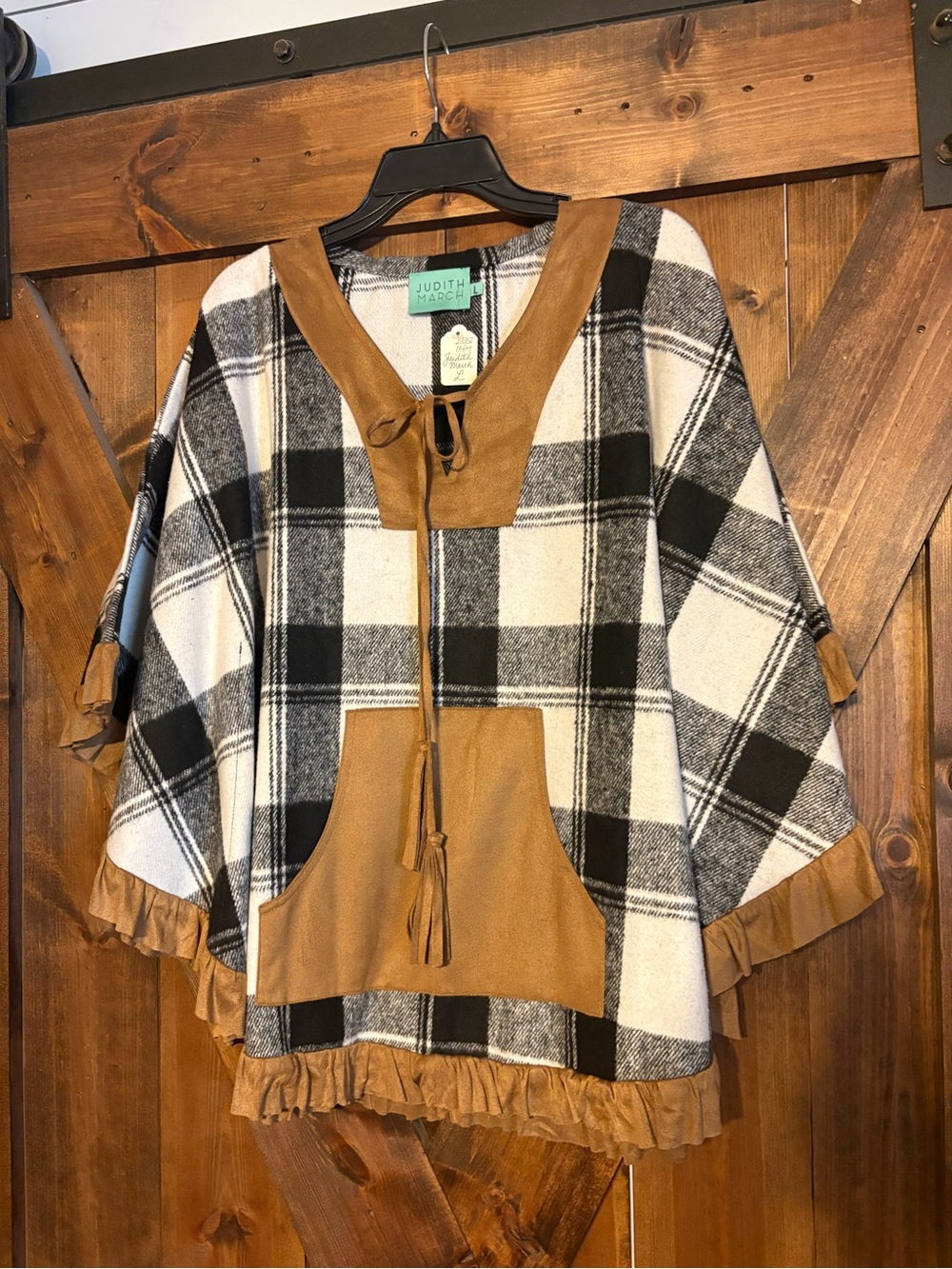 Judith March Black & White Plaid Cape Tunic with Tan Suede Trim